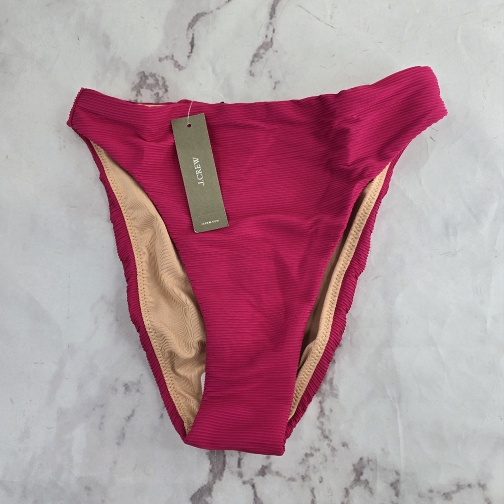 J Crew Swim Bottom Pink Bikini High Rise Cut Cheeky Ribbed Suit Hibiscus BE808